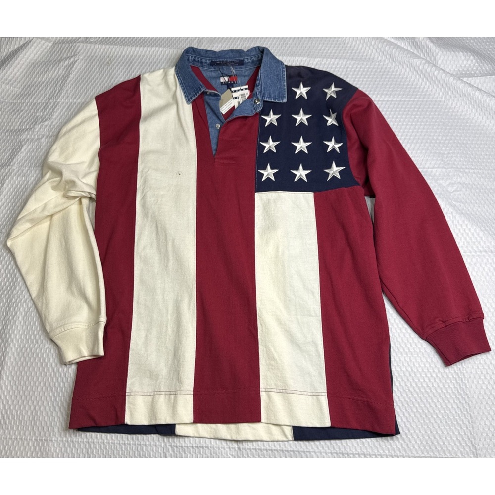 Tommy Hilfiger Polo Shirt Men Large Red‎ White Blue Flag Stars Vintage NWT